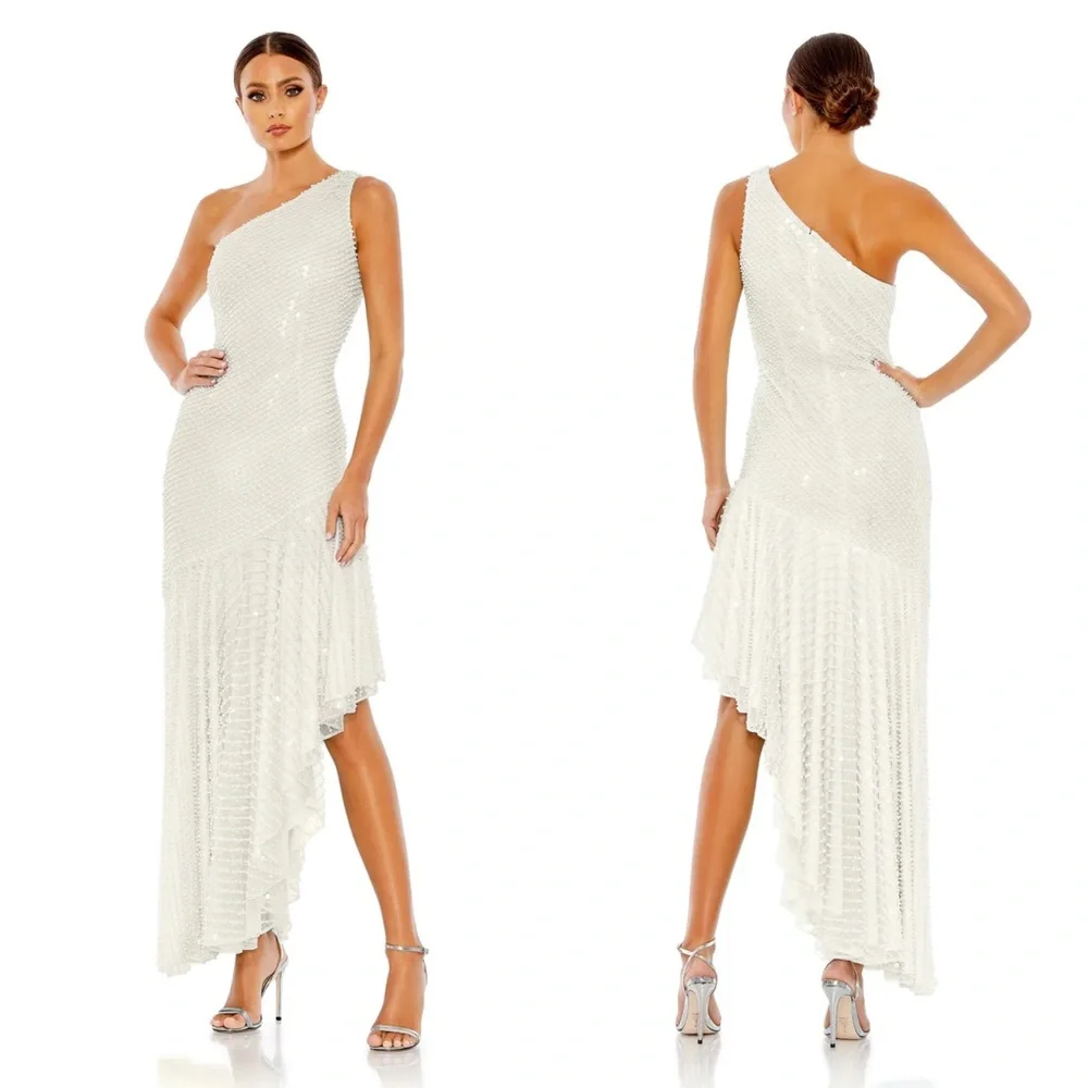 NWT Mac Duggal 93741 Pearl Sequin One Shoulder Asymmetrical White Midi Gown - Picture 1 of 9